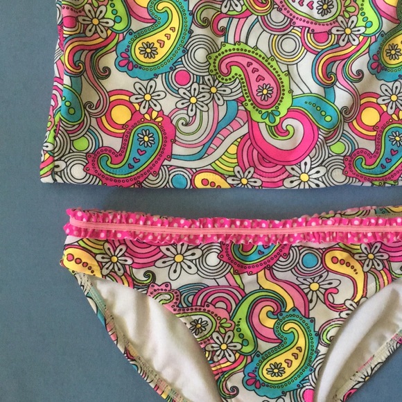 Angel Beach Size 12 Tankini Halter Clasp Color Pop Paisley Ruffle Swimsuit Girls - Picture 3 of 8